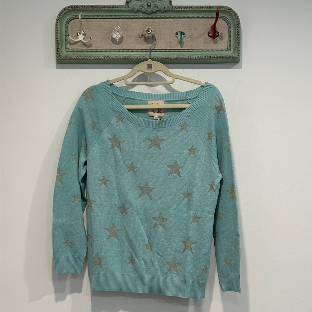 Chaser Aqua Star Print Scoop Neck Sweater